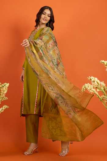 Shop_Khwaab By Sanjana Lakhani_Green Chiffon Embroidery, Straight Kurta Set With Printed Pattern Dupatta 