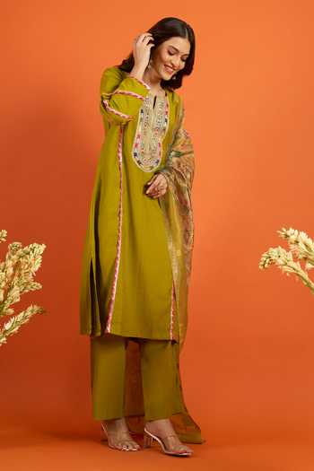 Buy_Khwaab By Sanjana Lakhani_Green Chiffon Embroidery, Straight Kurta Set With Printed Pattern Dupatta _Online