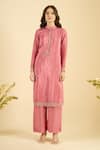 Shop_Naintara Bajaj_Pink Satin, Silk Embroidery, Sequins Mandarin Collar Scatter Kurta Set _Online_at_Aza_Fashions