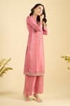 Shop_Naintara Bajaj_Pink Satin, Silk Embroidery, Sequins Mandarin Collar Scatter Kurta Set 