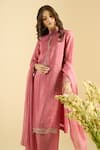 Naintara Bajaj_Pink Satin, Silk Embroidery, Sequins Mandarin Collar Scatter Kurta Set 