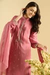 Naintara Bajaj_Pink Satin, Silk Embroidery, Sequins Mandarin Collar Scatter Kurta Set 