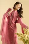 Naintara Bajaj_Pink Satin, Silk Embroidery, Sequins Mandarin Collar Scatter Kurta Set 