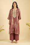 Buy_Naintara Bajaj_Magenta Organza Mirrors, Embroidery Round Neck Shimmer Kurta And Palazzo Set _Online_at_Aza_Fashions