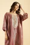 Naintara Bajaj_Magenta Organza Mirrors, Embroidery Round Neck Shimmer Kurta And Palazzo Set 