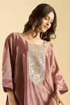 Naintara Bajaj_Magenta Organza Mirrors, Embroidery Round Neck Shimmer Kurta And Palazzo Set 