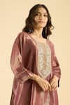 Naintara Bajaj_Magenta Organza Mirrors, Embroidery Round Neck Shimmer Kurta And Palazzo Set 