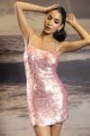 Shop_Asra_Pink Net, Lycra Sequins Square Neck Hand Embroidered Short Dress _at_Aza_Fashions