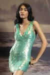 Buy_Asra_Green Lycra, Net Sequins V-neck Scallop Hand Embroidered Dress _Online_at_Aza_Fashions