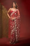 Shop_Azeera_Maroon Net Embroidery, Sequins, Zari Floral Saree With Unstitched Blouse Piece _Online