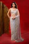 Azeera_Grey Net Embroidery, Beads Hand Saree With Unstitched Blouse Piece _Online_at_Aza_Fashions