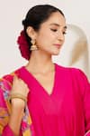 Shop_Monika Mathuria Datta_Pink Chanderi, Georgette Embroidery, Tassels V-neck Printed Dupatta And Kurta Set _Online_at_Aza_Fashions