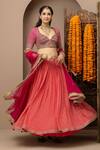 Buy_Monika Mathuria Datta_Peach Georgette, Silk, Net Embroidery, Gota Patti Gulab Aangi Lehenga Set _at_Aza_Fashions