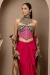 Buy_Monika Mathuria Datta_Pink Chanderi, Lycra, Tissue Embroidery Bandeau Aari Corset And Dhoti Skirt Set 