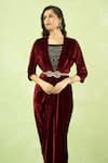 Shop Samyukta Singhania Maroon Velvet Embroidery, Rhinestones V-neck Hand Gown With Belt Online at Aza Fashions Shop_Samyukta Singhania_Maroon Velvet Embroidery, Rhinestones V-neck Hand Gown With Belt _Online_at_Aza_Fashions