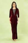 Shop Samyukta Singhania Maroon Velvet Embroidery, Rhinestones V-neck Hand Gown With Belt at Aza Fashions Shop_Samyukta Singhania_Maroon Velvet Embroidery, Rhinestones V-neck Hand Gown With Belt _at_Aza_Fashions
