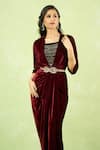 Samyukta Singhania Maroon Velvet Embroidery, Rhinestones V-neck Hand Gown With Belt at Aza Fashions Samyukta Singhania_Maroon Velvet Embroidery, Rhinestones V-neck Hand Gown With Belt _at_Aza_Fashions