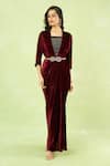 Buy Samyukta Singhania Maroon Velvet Embroidery, Rhinestones V-neck Hand Gown With Belt Buy_Samyukta Singhania_Maroon Velvet Embroidery, Rhinestones V-neck Hand Gown With Belt