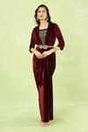 Buy Samyukta Singhania Maroon Velvet Embroidery, Rhinestones V-neck Hand Gown With Belt at Aza Fashions Buy_Samyukta Singhania_Maroon Velvet Embroidery, Rhinestones V-neck Hand Gown With Belt _at_Aza_Fashions