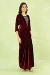 Shop Samyukta Singhania Maroon Velvet Embroidery, Rhinestones V-neck Hand Gown With Belt Shop_Samyukta Singhania_Maroon Velvet Embroidery, Rhinestones V-neck Hand Gown With Belt
