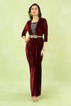 Samyukta Singhania Maroon Velvet Embroidery, Rhinestones V-neck Hand Gown With Belt Online Samyukta Singhania_Maroon Velvet Embroidery, Rhinestones V-neck Hand Gown With Belt _Online