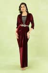 Buy Samyukta Singhania Maroon Velvet Embroidery, Rhinestones V-neck Hand Gown With Belt Online Buy_Samyukta Singhania_Maroon Velvet Embroidery, Rhinestones V-neck Hand Gown With Belt _Online