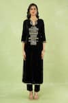 Buy_Samyukta Singhania_Black Velvet Embroidery, Mirrors, Sequins Split V-neck Hand Kurta And Pant Set _Online_at_Aza_Fashions