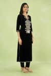 Shop_Samyukta Singhania_Black Velvet Embroidery, Mirrors, Sequins Split V-neck Hand Kurta And Pant Set _Online_at_Aza_Fashions