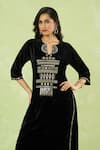 Shop_Samyukta Singhania_Black Velvet Embroidery, Mirrors, Sequins Split V-neck Hand Kurta And Pant Set _at_Aza_Fashions