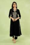 Buy_Samyukta Singhania_Black Velvet Embroidery, Mirrors, Sequins Split V-neck Hand Kurta And Pant Set _at_Aza_Fashions