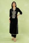 Buy_Samyukta Singhania_Black Velvet Embroidery, Mirrors, Sequins Split V-neck Hand Kurta And Pant Set 
