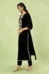 Shop_Samyukta Singhania_Black Velvet Embroidery, Mirrors, Sequins Split V-neck Hand Kurta And Pant Set 