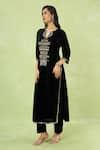 Samyukta Singhania_Black Velvet Embroidery, Mirrors, Sequins Split V-neck Hand Kurta And Pant Set _Online