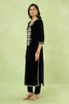 Shop_Samyukta Singhania_Black Velvet Embroidery, Mirrors, Sequins Split V-neck Hand Kurta And Pant Set _Online