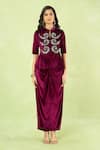 Buy_Samyukta Singhania_Wine Velvet Embroidery, Sequins, Metallic Thread Hand Peplum Top And Knot Skirt _Online_at_Aza_Fashions