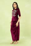 Shop_Samyukta Singhania_Wine Velvet Embroidery, Sequins, Metallic Thread Hand Peplum Top And Knot Skirt _at_Aza_Fashions