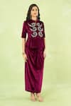 Samyukta Singhania_Wine Velvet Embroidery, Sequins, Metallic Thread Hand Peplum Top And Knot Skirt _at_Aza_Fashions