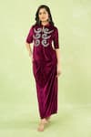 Buy_Samyukta Singhania_Wine Velvet Embroidery, Sequins, Metallic Thread Hand Peplum Top And Knot Skirt 