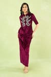 Buy_Samyukta Singhania_Wine Velvet Embroidery, Sequins, Metallic Thread Hand Peplum Top And Knot Skirt _Online