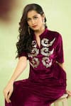 Shop_Samyukta Singhania_Wine Velvet Embroidery, Sequins, Metallic Thread Hand Peplum Top And Knot Skirt _Online