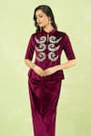 Samyukta Singhania_Wine Velvet Embroidery, Sequins, Metallic Thread Hand Peplum Top And Knot Skirt 
