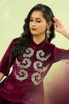 Samyukta Singhania_Wine Velvet Embroidery, Sequins, Metallic Thread Hand Peplum Top And Knot Skirt 