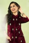 Shop_Samyukta Singhania_Maroon Velvet Embroidery, Zari Mandarin Collar Hand Kurta And Farshi Salwar Set _at_Aza_Fashions
