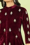 Samyukta Singhania_Maroon Velvet Embroidery, Zari Mandarin Collar Hand Kurta And Farshi Salwar Set _at_Aza_Fashions