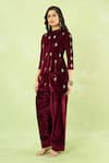 Samyukta Singhania_Maroon Velvet Embroidery, Zari Mandarin Collar Hand Kurta And Farshi Salwar Set _Online
