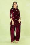 Shop_Samyukta Singhania_Maroon Velvet Embroidery, Zari Mandarin Collar Hand Kurta And Farshi Salwar Set _Online
