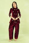 Buy_Samyukta Singhania_Maroon Velvet Embroidery, Zari Mandarin Collar Hand Kurta And Farshi Salwar Set _at_Aza_Fashions