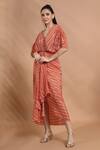 Shreya J Label_Peach Crepe Beads V-neck Ladderprint Hand Embroidered Draped Dress _at_Aza_Fashions