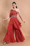 Shreya J Label_Red Chinon Embroidery, Sequins, Tassels One Ruched Tunic And Sharara Set _at_Aza_Fashions
