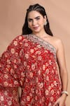 Shreya J Label_Red Crepe Embroidery, Sequins, Beads One Shoulder Floral Tunic Set _at_Aza_Fashions